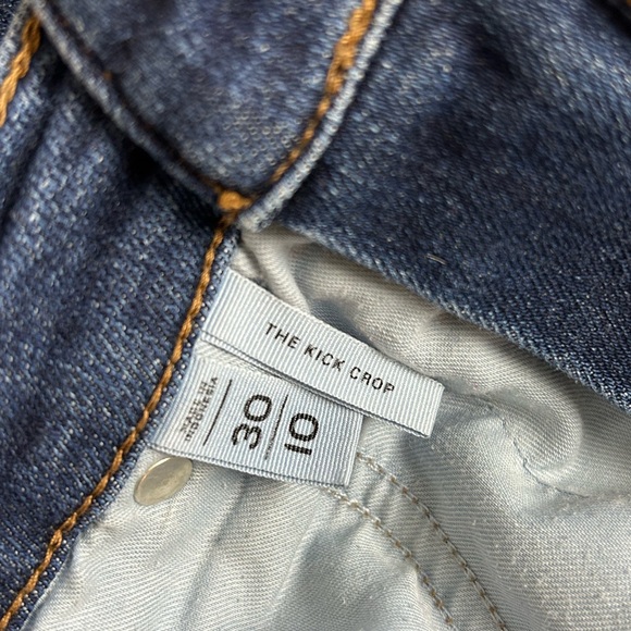 LOFT The Kick Crop High Waist Flare Deconstructed Hem 10 Dark Wash Distressed - Picture 12 of 15